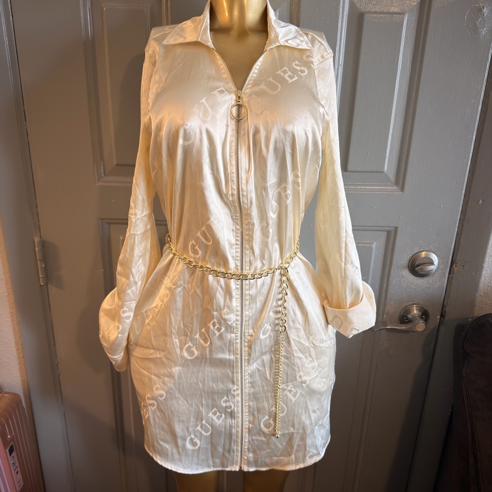 GUESS Ivory Satin Logo Zip Dress with Gold Chain Belt